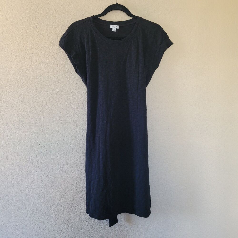 J Crew Black Cotton Slub T-Shirt Dress Medium Short Sleeve Tie Waist Mini CI193
